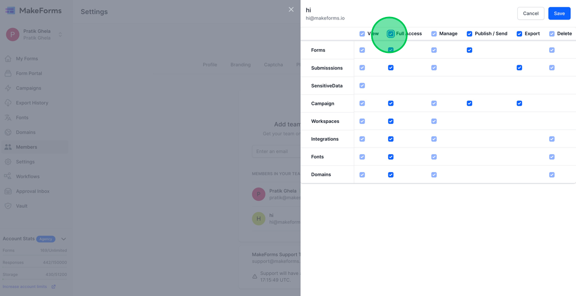 Screenshot of: Utilizing the "Full Access" button allows you to grant comprehensive access to the user, enabling them to fully interact with and manage the WorkSpace.