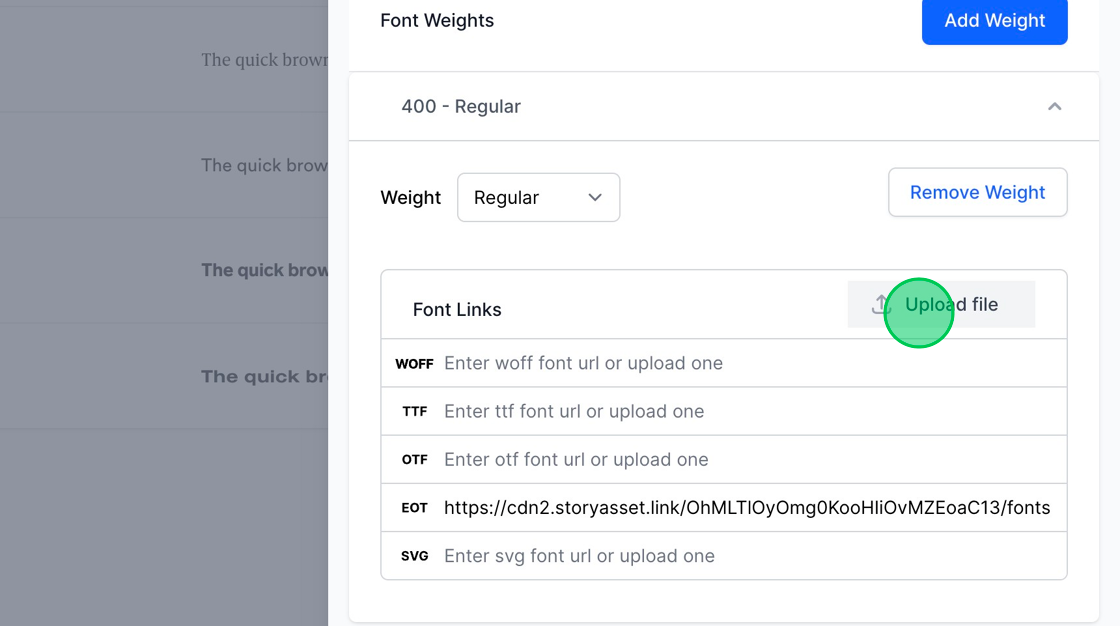 Screenshot of: Simply click the "Upload file" button and select the desired font file from your device. The system will autonomously discern the file type and populate the URL field with the appropriate font type link.