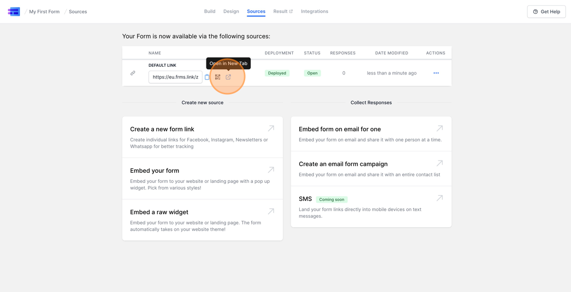 Screenshot of: After successfully publishing the form, MakeForms will take you to the Sources page. To see our published form, just click on the form link.