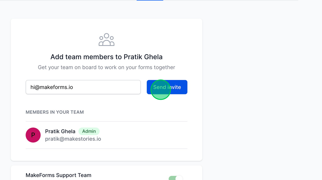 Screenshot of: To add a member to the WorkSpace, simply input the email address of the individual you wish to invite into the provided field, and then click the blue "Send Invite" button.