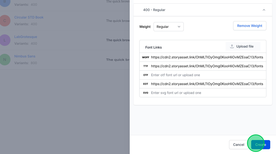 Screenshot of: After uploading all the necessary files, simply click the blue "Create" button located at the bottom right corner to finalize the addition of your custom font to the WorkSpace.
