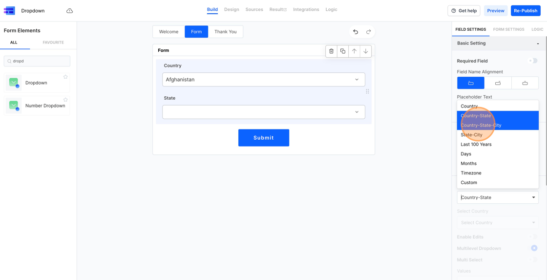 Screenshot of: Choosing "Country-State-City" sets up three linked dropdowns for you: one for Country, one for State, and one for City. They're all connected, and the data is already filled in for you.