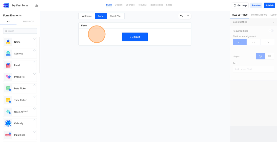 Screenshot of: The central canvas space will showcase all the form fields you intend to include in a form.