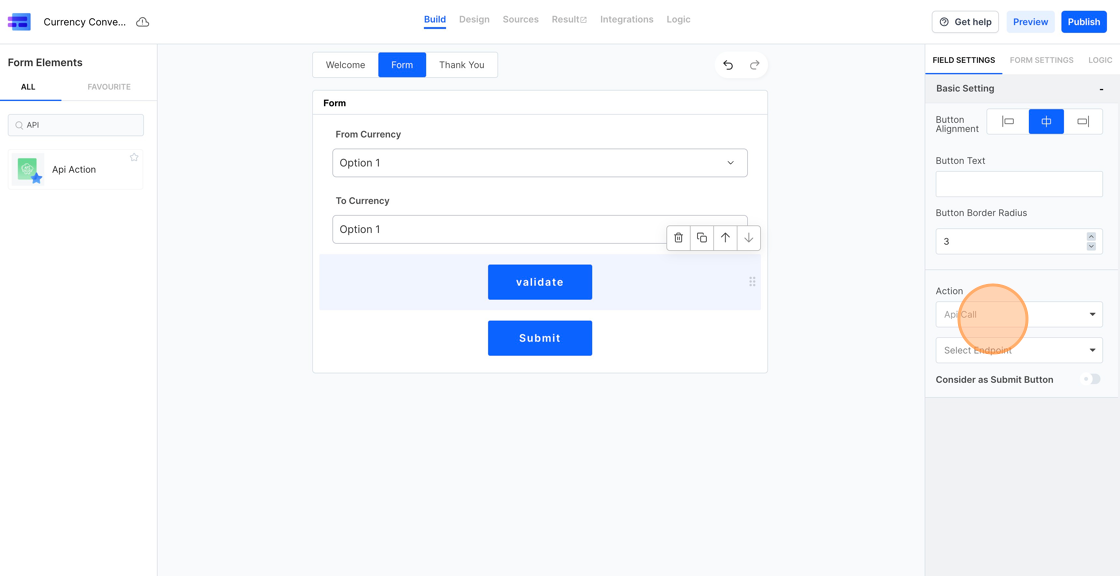 Screenshot of: Now, from the elements tab, search for API Action and add the API action field to your form.
