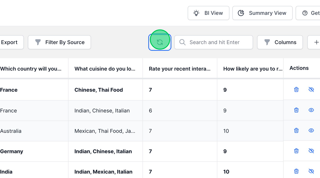 Screenshot of: You can click the refresh button to retrieve the latest submissions. This action ensures that your inbox is updated with the most recent responses, aiding in keeping your data review process current and timely.
