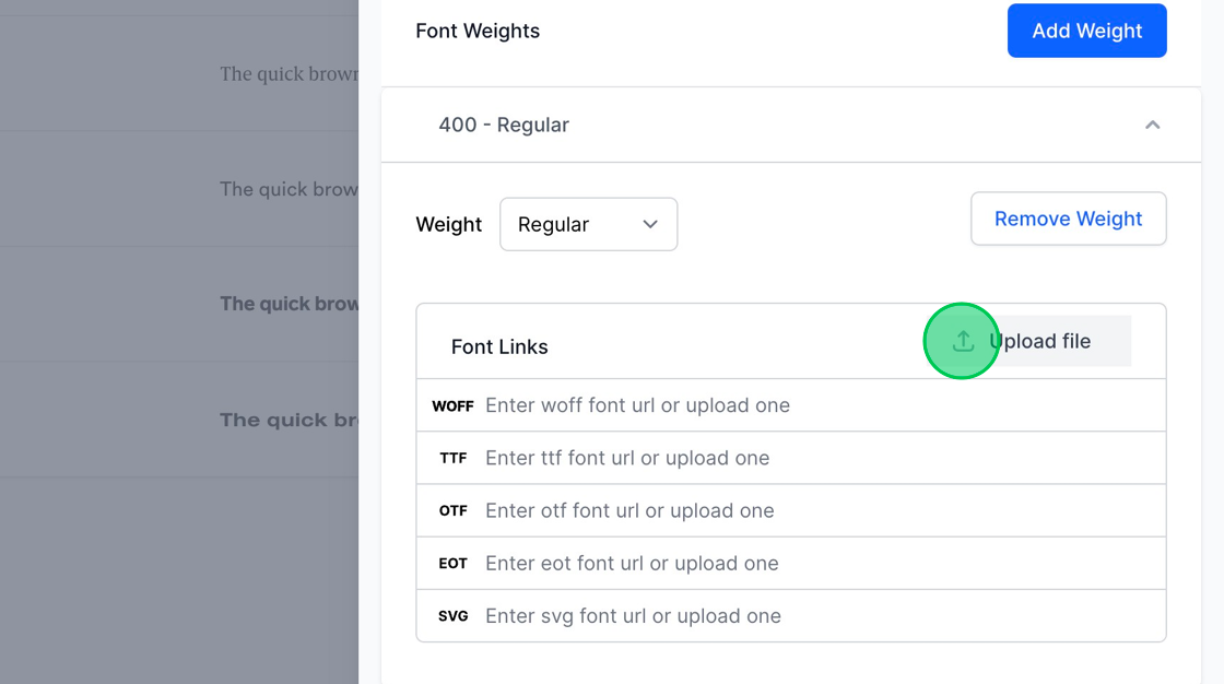 Screenshot of: To configure a specific font weight, upload the font file corresponding to that weight. MakeForms accommodates a variety of font file formats including woff, ttf, otf, eot, and svg.