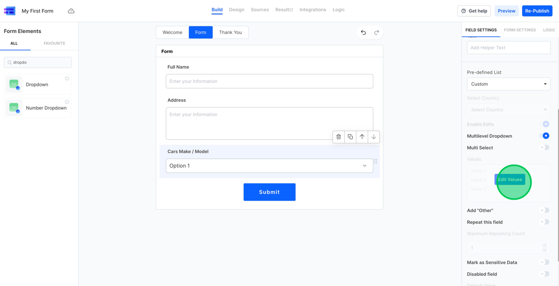 Screenshot of: Once you activate the "Multilevel Dropdown" feature, you'll see the "Edit Values" button. Clicking it will bring up the interface where you can set the values for each dropdown level.