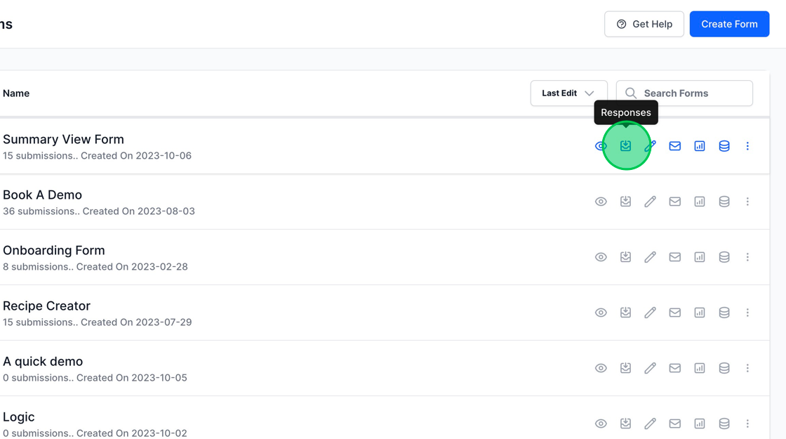 Screenshot of: The alternative method to access responses is by clicking on the responses icon.