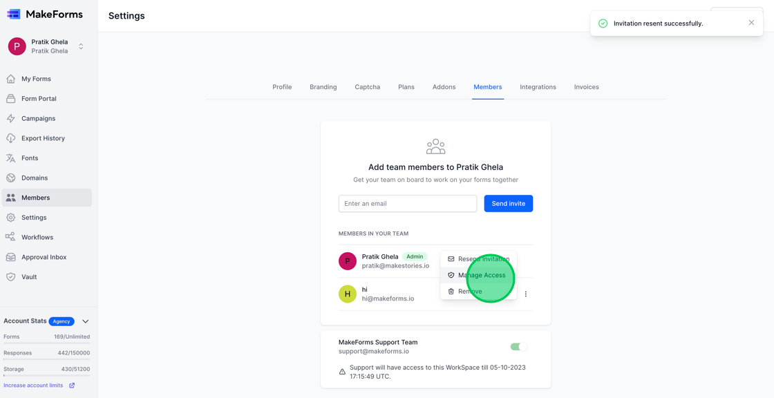 Screenshot of: To "Manage Access" and update the permissions assigned to a user, simply click on the "Manage Access" link. This will lead you to the settings where you can modify the level of access granted to the user.