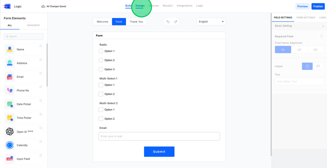 Screenshot of: Now, to verify the successful setup of your fonts and to utilize them, open the form you wish to customize and navigate to the "Design" tab. In this section, you can apply your newly added fonts to various elements of your form to align its aesthetics with your branding.