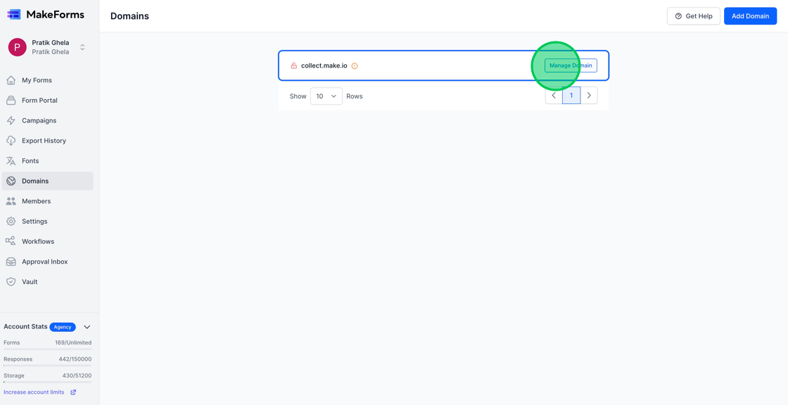 Screenshot of: Since the domain name is setup and the DNS entries are not done, we will see the red lock open icon. We will now click on Manage Domain and get the DNS entries.