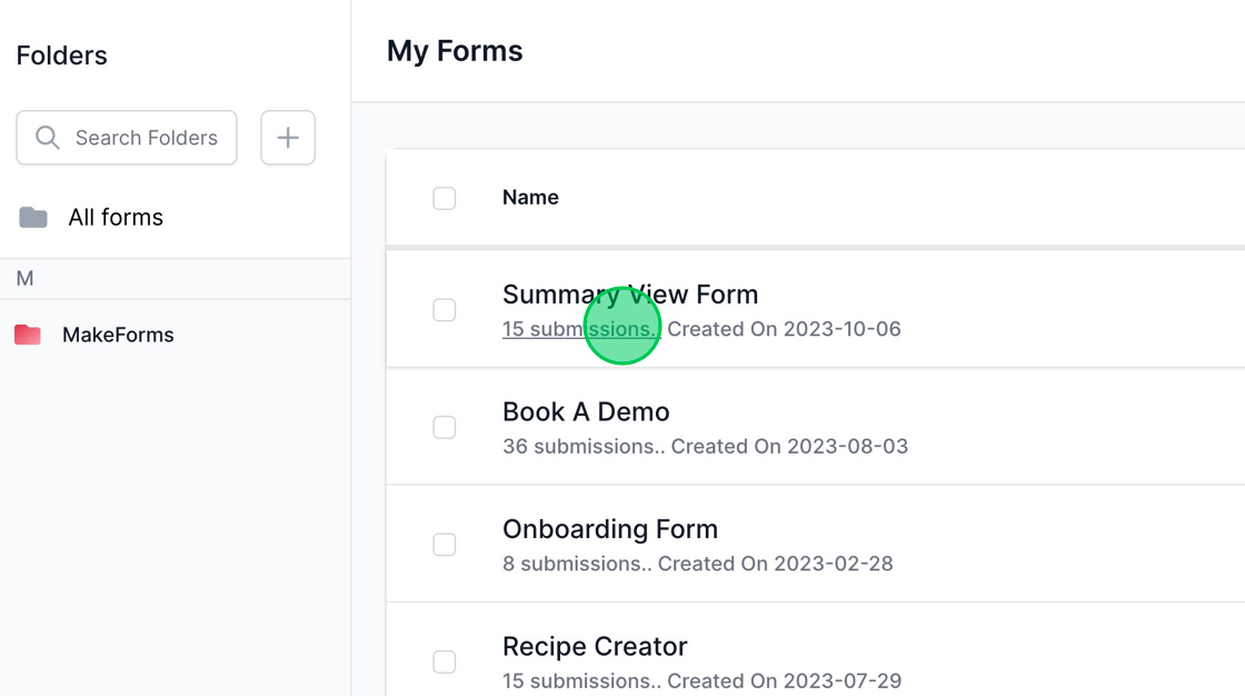 Screenshot of: The initial method to access responses is by clicking on the submission count displayed beneath your form name.