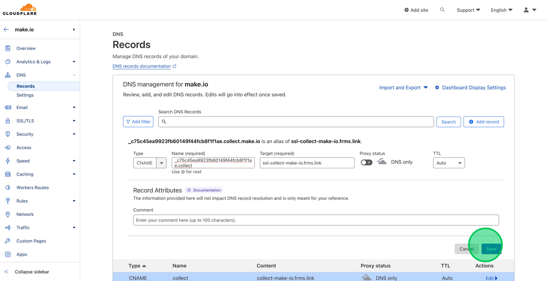 Screenshot of: Now paste the values for second CName record, turn off the proxy and hit save.