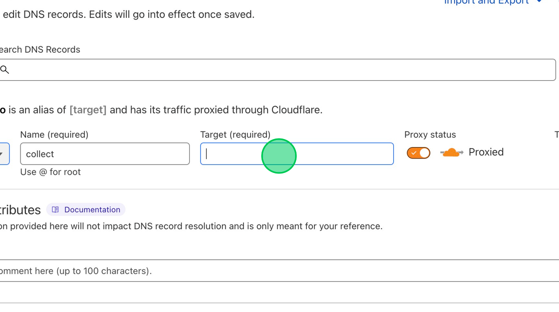 Screenshot of: In the target, paste the CNAME value that we just copied from our MakeForms tab