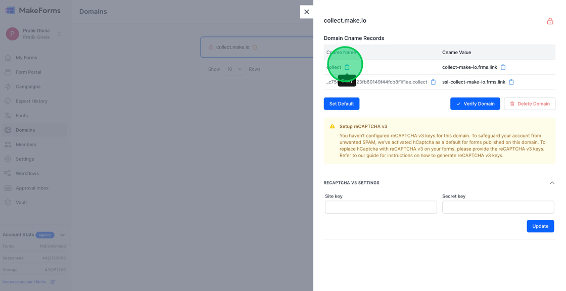 Screenshot of: As soon as you click the Manage Domain, you will be presented with the Domain Cname Records. We will now copy paste these values into our cloudflare DNS manager.