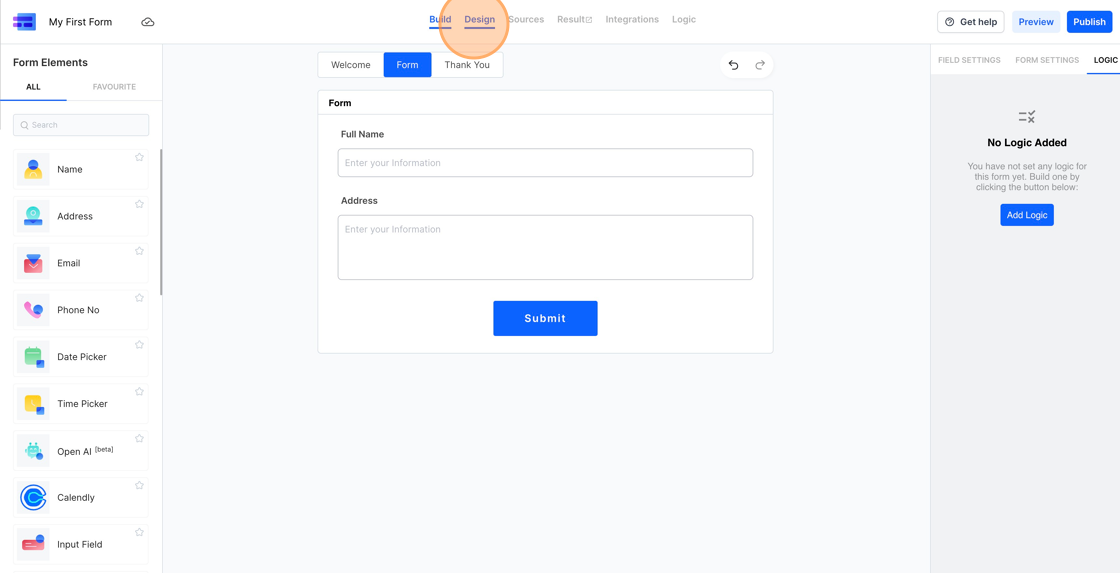 Screenshot of: Once we've added and set up all the fields, let's tweak the form's appearance in design mode.