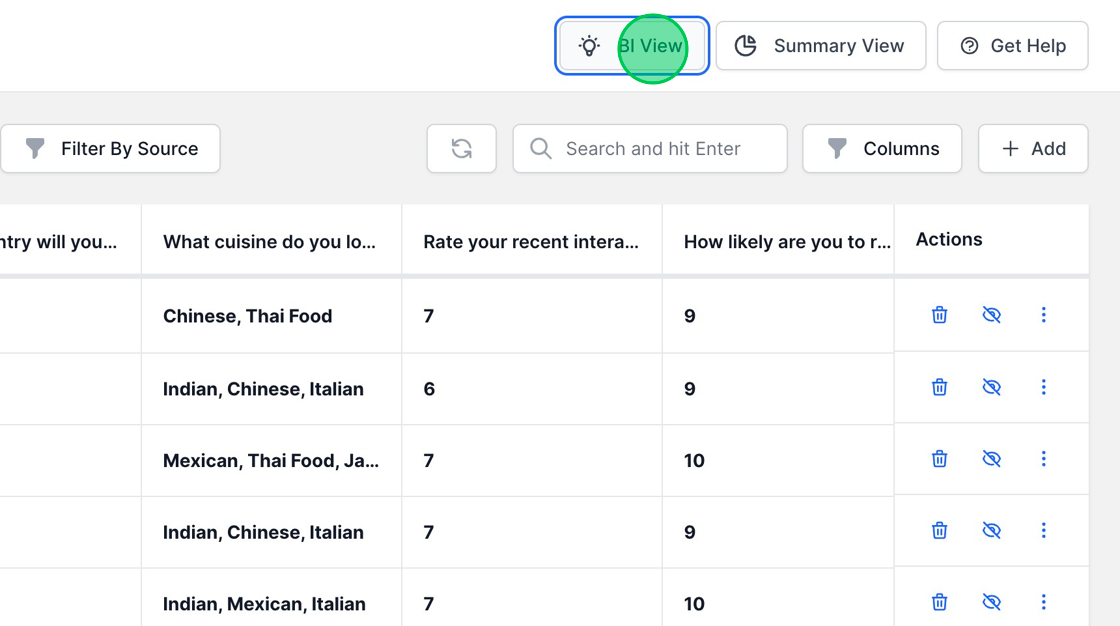 Screenshot of: MakeForms presents three distinct views for visualizing your data:

1. Inbox View
2. BI (Business Intelligence) View
3. Summary View

Upon clicking the submissions count or the responses icon, you will be directed to the Inbox View by default. At the top, two buttons labeled "BI View" and "Summary View" are provided, allowing for seamless navigation to the respective views.

Detailed documentation for each view is provided below.