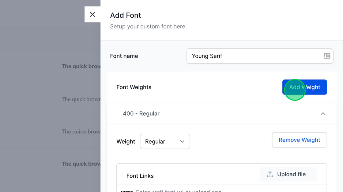 Screenshot of: Now, input the name of the font. By default, the system will create a "Regular" variant of the font. If you wish to include multiple weights of the font, click the blue "Add Weight" button to add them accordingly.