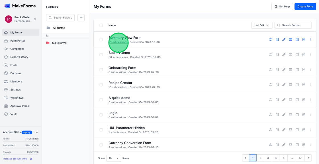 Screenshot of: To access the Inbox view, you can click on the "submissions" link located below the form name, or click on the "Responses" icon. Either of these actions will take you to a centralized inbox where you can view and manage the responses your form has received.