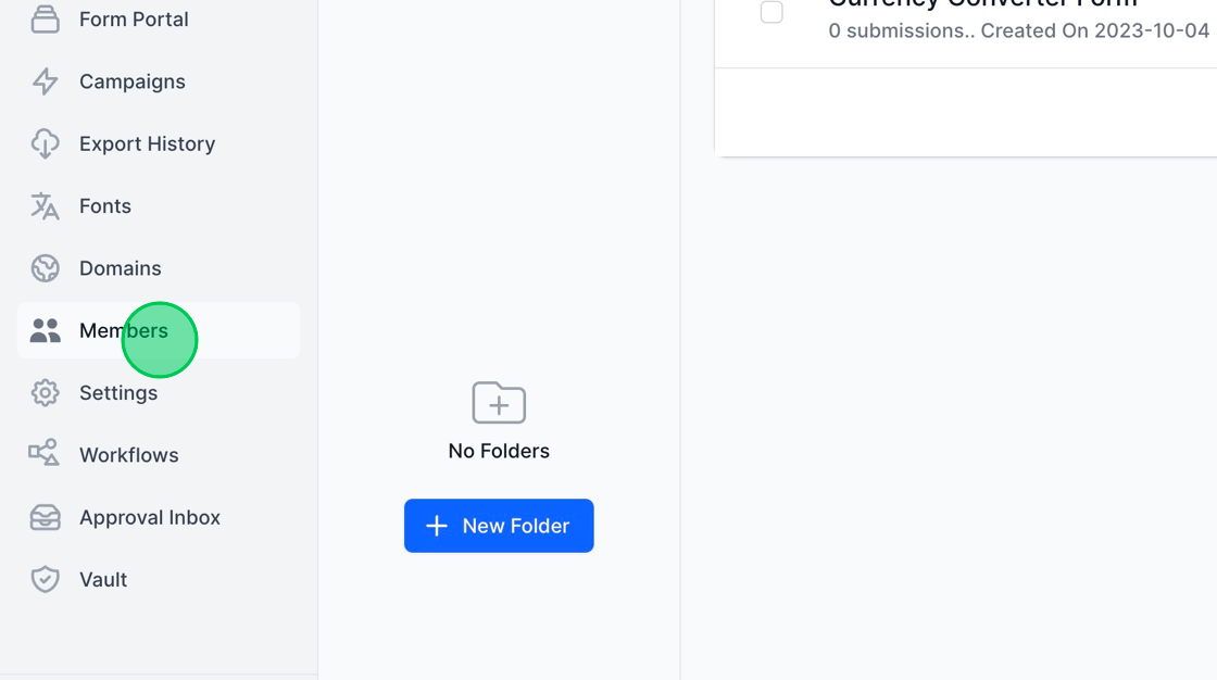 Screenshot of: MakeForms facilitates collaboration by allowing you to invite your team to work together on your forms. To begin, switch to the WorkSpace where you wish to add your team member. Next, click on the "members" button located in the left menu.
