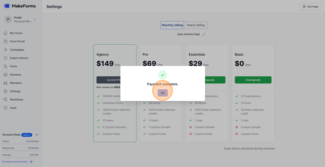 Screenshot of: Your account will be upgraded upon successful payment. 