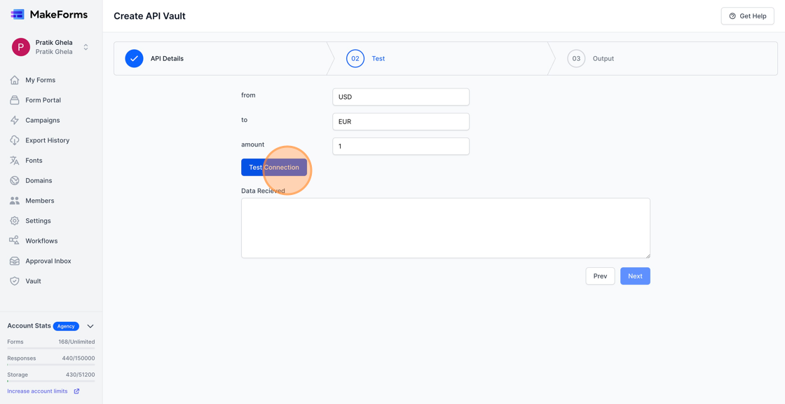 Screenshot of: In the "Test" tab, we will be presented with the 3 parameters that we setup in Step 1. We will set the "from" parameter to "USD", "To" parameter to "EUR" and amount to "1" 