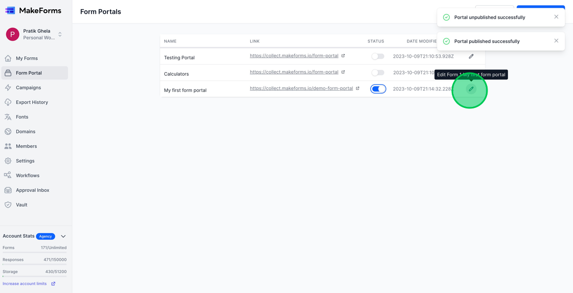 Screenshot of: To modify the Form Portal, select the "Edit" icon. This action will direct you to the Form Portal settings page.
