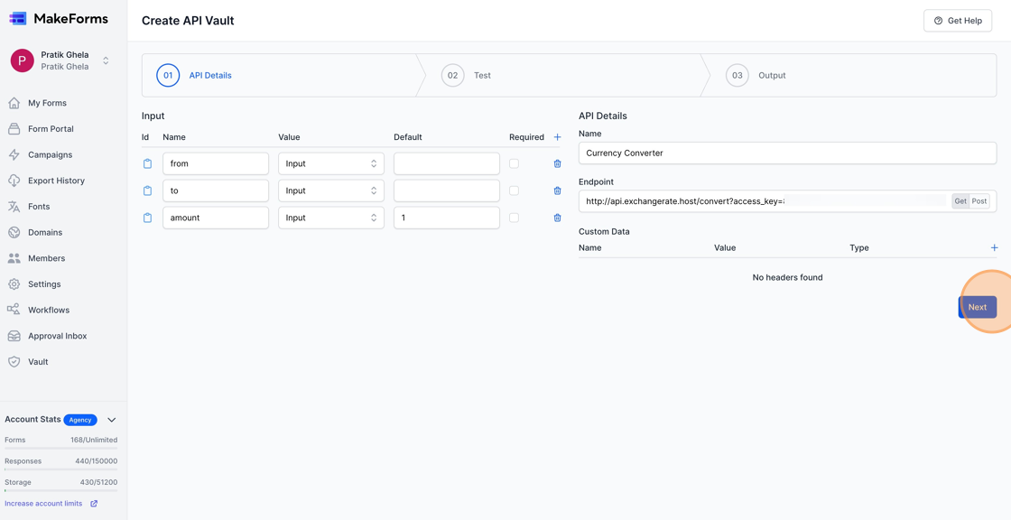 Screenshot of: Click "Next" to proceed with the API Testing
