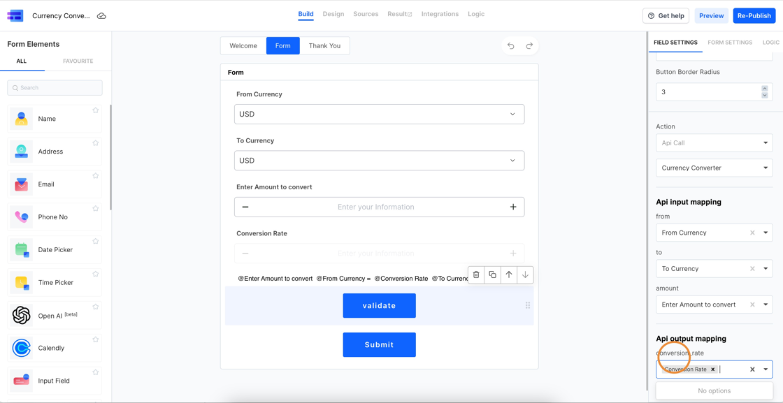 Screenshot of: Now, finally, we have to map the conversion rate that we get back from the API to the field inside the form. We will do this by clicking the API Action element and scrolling down to the API Output mapping and select our newly setup field for our conversion_rate parameter which we setup in our Vault API