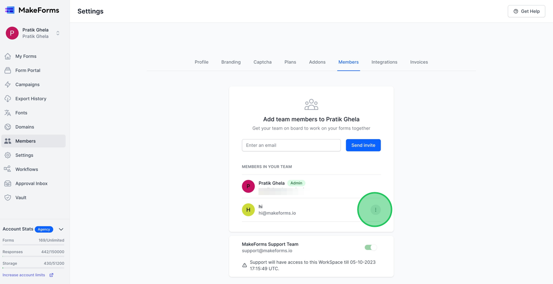 Screenshot of: To manage actions for an existing user, click on the button featuring three dots, located adjacent to the user's information.