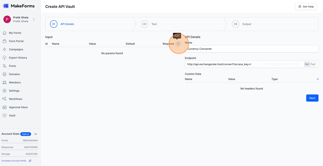 Screenshot of: Our Currency Conversion API accepts 3 parameters namely from, to, & amount. We will add these three parameters using the "+" button in the input section