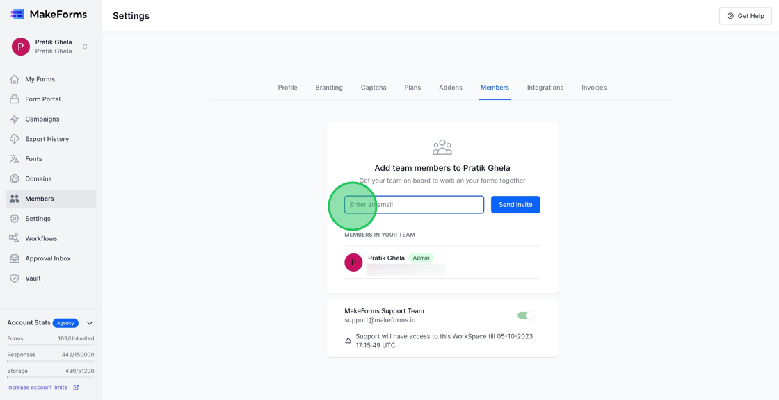 Screenshot of: Upon clicking the "members" button, you will be directed to a page displaying a list of members already associated with the specified WorkSpace. If no members have been added yet, only the owner of the WorkSpace will be listed, and will be designated as the "Admin".