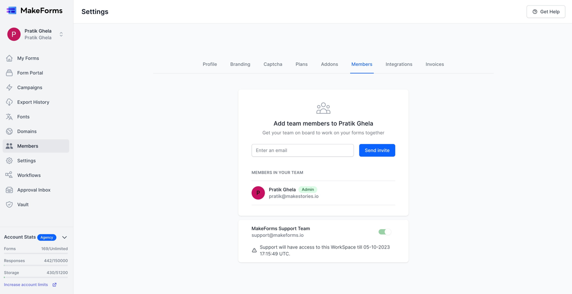 Screenshot of: After enabling support, the toggle will turn green, indicating activation. Additionally, you'll see the duration displayed, showing the time frame during which the support team will have access to your account.